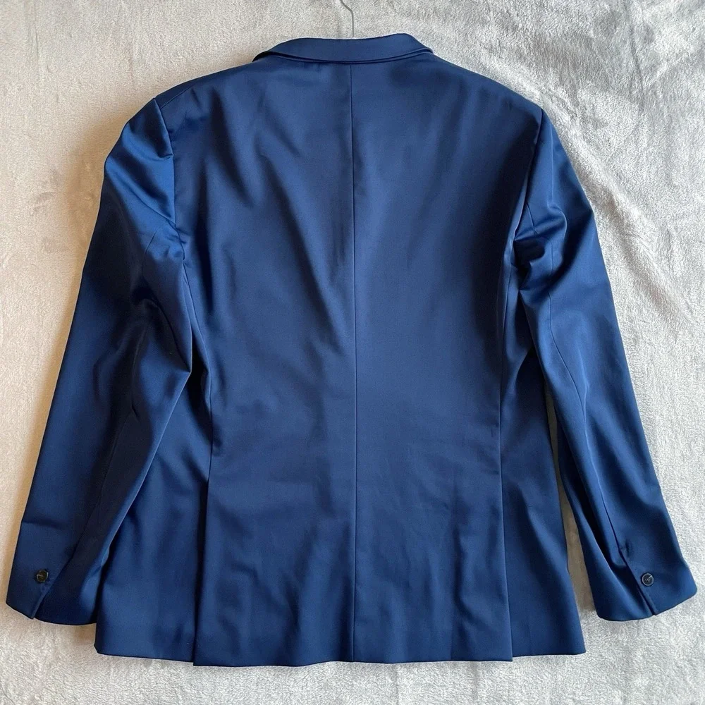 Zara High Sheen Satin Sport Coat EURO Sz 54 Blue Viscose Blazer Jacket US 22